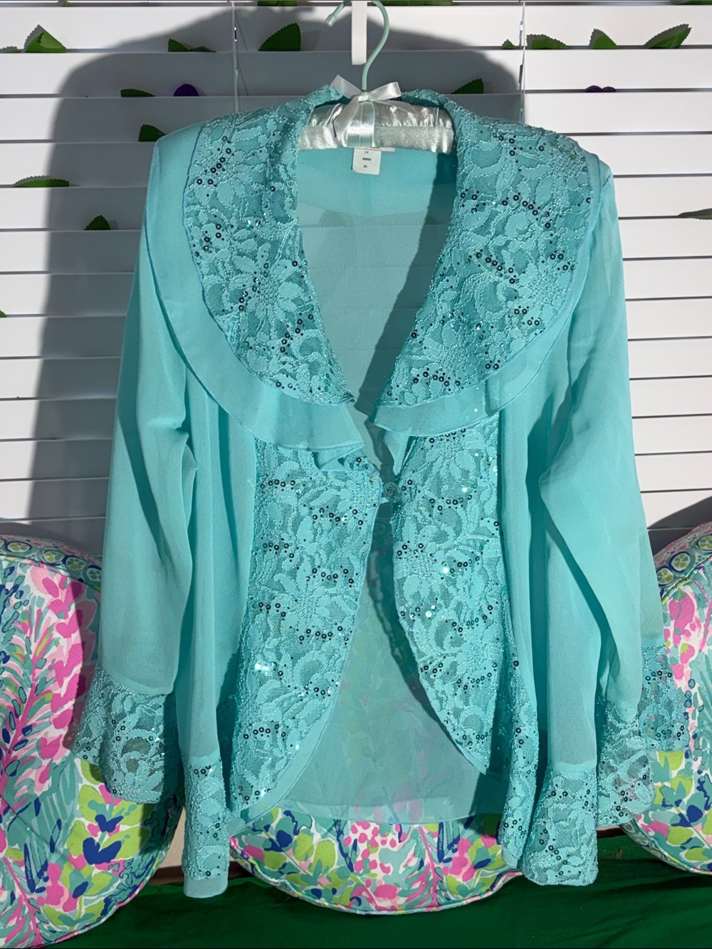 Women's Lace-Trim Turquoise Chiffon Jacket